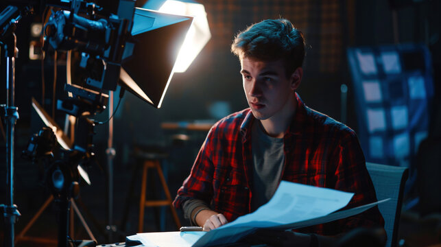 Professional actor reading his script during casting. Handsome actor or director holding scenario during rehearse