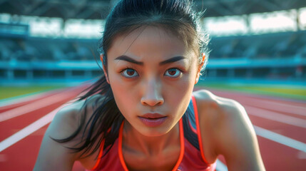 Asian woman runner training in stadium. Athlete female runner in start position ready for sprint at the running track in stadium. Competition and motivation concept