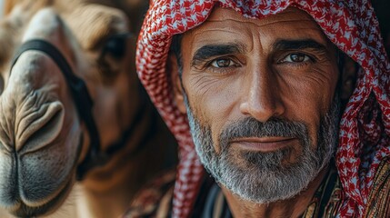 Middle Eastern man with camel close up portrait