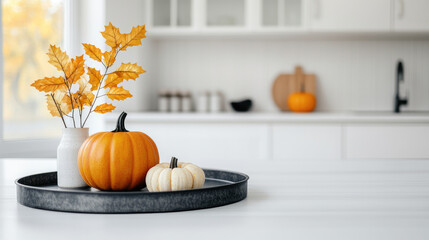 Autumn centerpiece with vibrant orange and white pumpkins, delicate golden leaves in a simple vase, set against a modern kitchen backdrop.