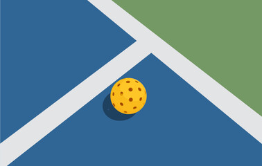 Yellow pickleball ball in a pickleball court vector illustration.