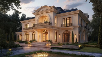 Fototapeta premium Luxury Mansion with Classic Architecture at Dusk