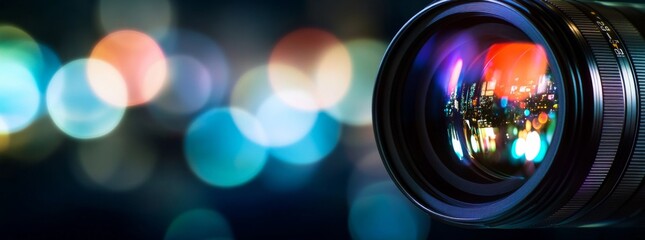 Close-Up of Camera Lens with Colorful Bokeh Lights in Background, Representing Video Production and Advertising, High-Resolution Photography for Creative Content Creation