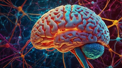 Digital illustration of a glowing human brain with vibrant neural pathways.