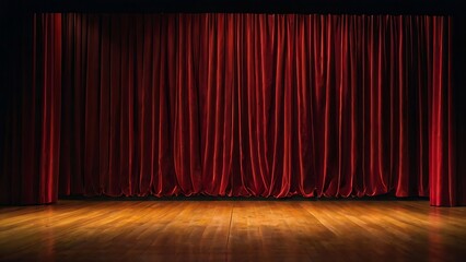 Red velvet curtains with gold trim and wooden stage, creating a luxurious theater setting. Ideal for theatrical, event, or entertainment concepts.