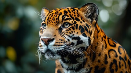 A close-up portrait of a jaguar with a blurred background of greenery.