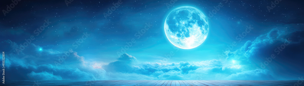 Poster luminescent moonlight over serene clouds, a dazzling full moon illuminates a tranquil sky filled wit
