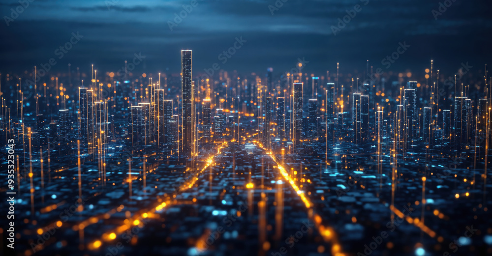 Aufkleber abstract cityscape with futuristic buildings connected by data streams at night. high quality photo