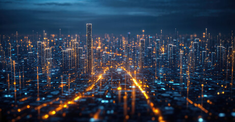 Abstract cityscape with futuristic buildings connected by data streams at night. High quality photo