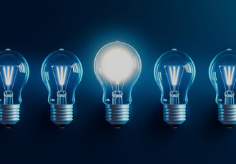 A creative display of light bulbs, showcasing one illuminated bulb among others, symbolizing innovation and ideas.