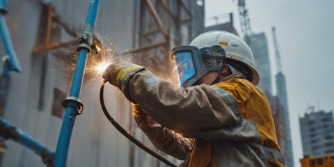 Welder in protective gear cutting metal at construction site wit