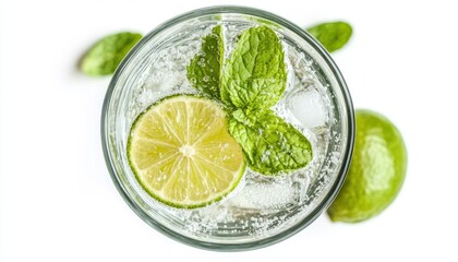 Refreshing cocktail with lime and mint leaves in a glass, perfect for summer gatherings or relaxing moments.