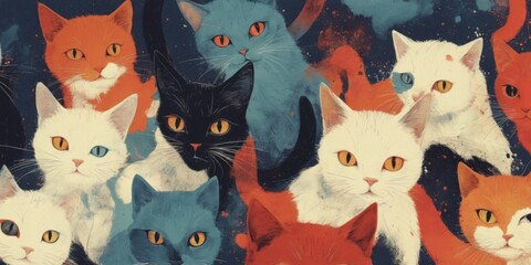 Group of Cats in Grungy Style with Dark Blue Background and Vari