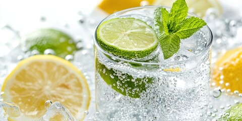 Refreshing drink with lemon and lime slices garnished with mint, surrounded by bubbles, perfect for summer enjoyment.