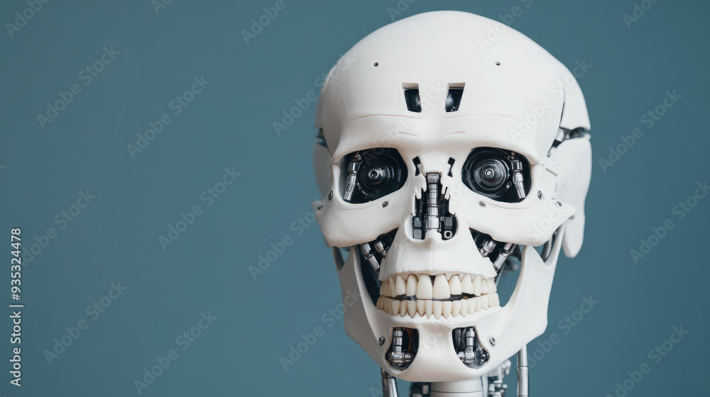 Poster humanoid robot skull model, intricate design showcasing mechanical components and realistic features