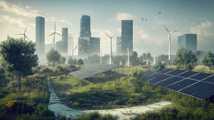 Sustainable Cityscape: Windmills and Solar Panels in a Verdant Landscape
