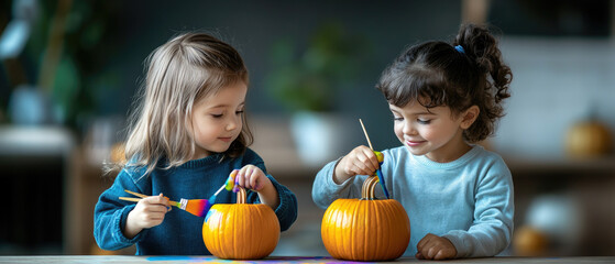 Fototapeta premium Children joyfully painting bright orange pumpkins, engaged in creative Halloween festivities, displaying smiles and concentration in a cozy, inviting atmosphere.