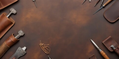 Rustic Leatherworking Tools Flat Lay on Dark Brown Background wi