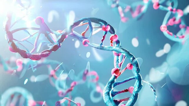 A close-up view of a vibrant DNA double helix, showcasing its intricate structure and colorful elements against a dreamy background.