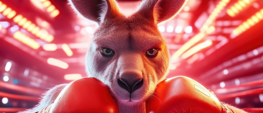 A fierce boxing kangaroo stands ready to fight, showcasing determination and strength in a vibrant, dynamic atmosphere.