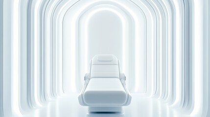 A futuristic, minimalist room with a sleek chair surrounded by glowing arches, ideal for wellness and relaxation concepts.