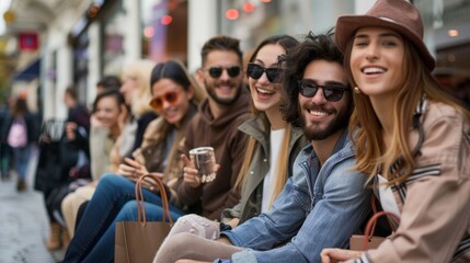 Happy Group of Friends Shopping in the City.