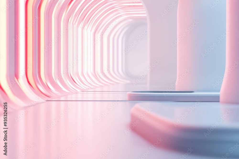 Poster a futuristic corridor featuring soft pink and white light, creating a serene and visually appealing 