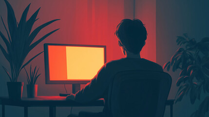 A person sitting in front of a computer screen, with only the glow from the screen illuminating their face, minimalist illustrated pictures of people, interesting