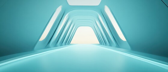 Obraz premium A futuristic corridor with a sleek design and glowing lights, offering a view of a bright, inviting space ahead.