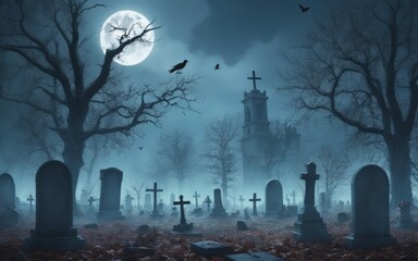 Spooky Graveyard at Night with Moonlit Sky, Tombstones, Crows, T