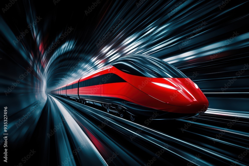 Poster a high-speed train rushing through a tunnel, showcasing a dynamic blend of technology and motion in 