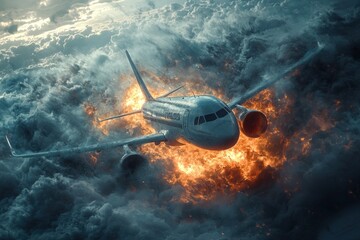 Obraz premium A highly realistic, high-resolution image depicting a large commercial airplane in the midst of a nosedive towards the ocean, surrounded by thick clouds and turbulent weather. The plane is clearly in