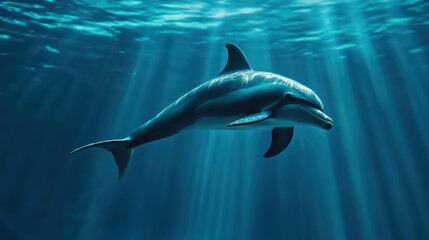 Obraz premium A graceful dolphin swimming serenely in clear blue waters, illuminated by sun rays breaking through the surface.
