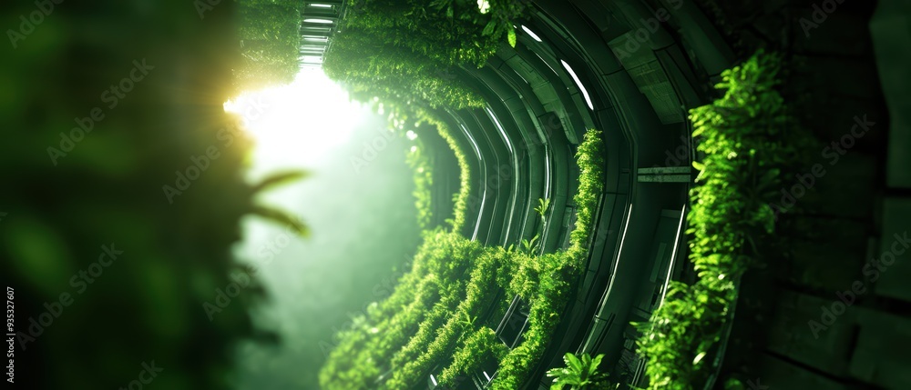 Poster a lush green tunnel illuminated by soft light, blending nature with architecture, creating a serene 