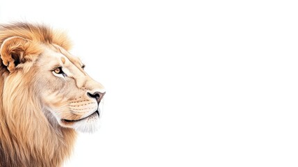 Fototapeta premium A majestic lion gazes into the distance, symbolizing strength and courage against a clean, white backdrop.