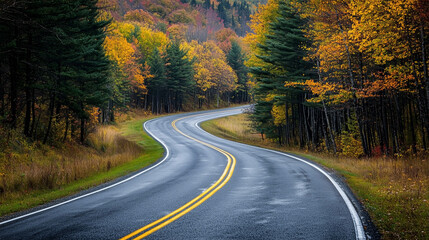 Obraz premium A stunning highway landscape at sunset, capturing the endless road stretching into the horizon, surrounded by rolling hills and vibrant skies.