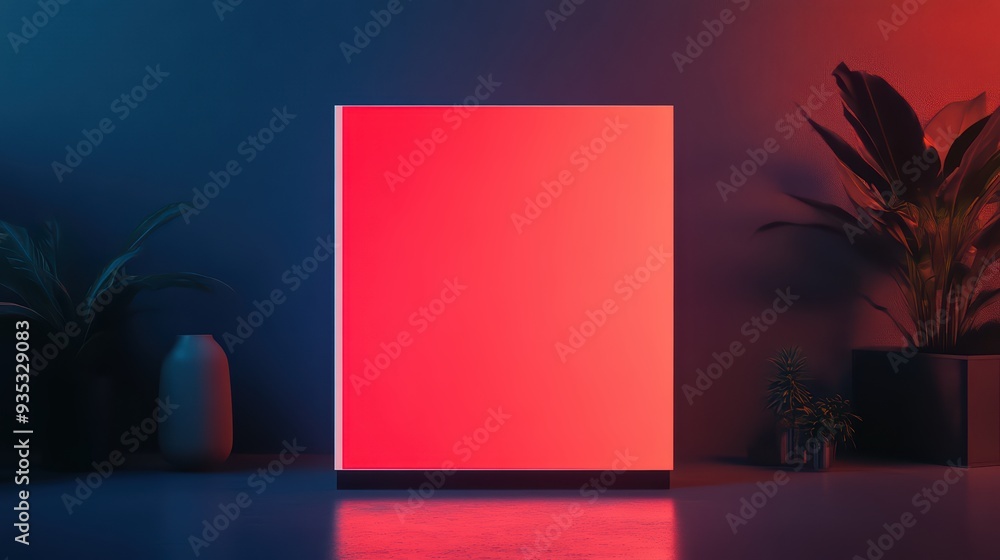 Poster a modern illuminated square box in a stylish interior with soft lighting, creating a vibrant and con