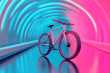 A modern bicycle showcased in a vibrant, neon-lit tunnel, emphasizing dynamic motion and futuristic design.