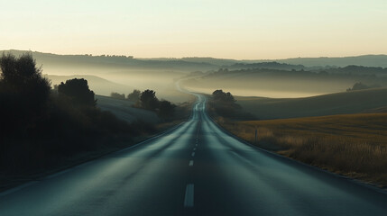 Fototapeta premium A stunning highway landscape at sunset, capturing the endless road stretching into the horizon, surrounded by rolling hills and vibrant skies.