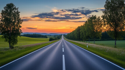Fototapeta premium A stunning highway landscape at sunset, capturing the endless road stretching into the horizon, surrounded by rolling hills and vibrant skies.