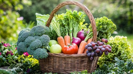 Fototapeta premium A wicker basket with vegetables and fruits on the background of the garden symbolizes a healthy diet