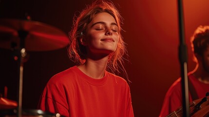 Female Band With Drummer And Guitarists, Rocking The Stage 