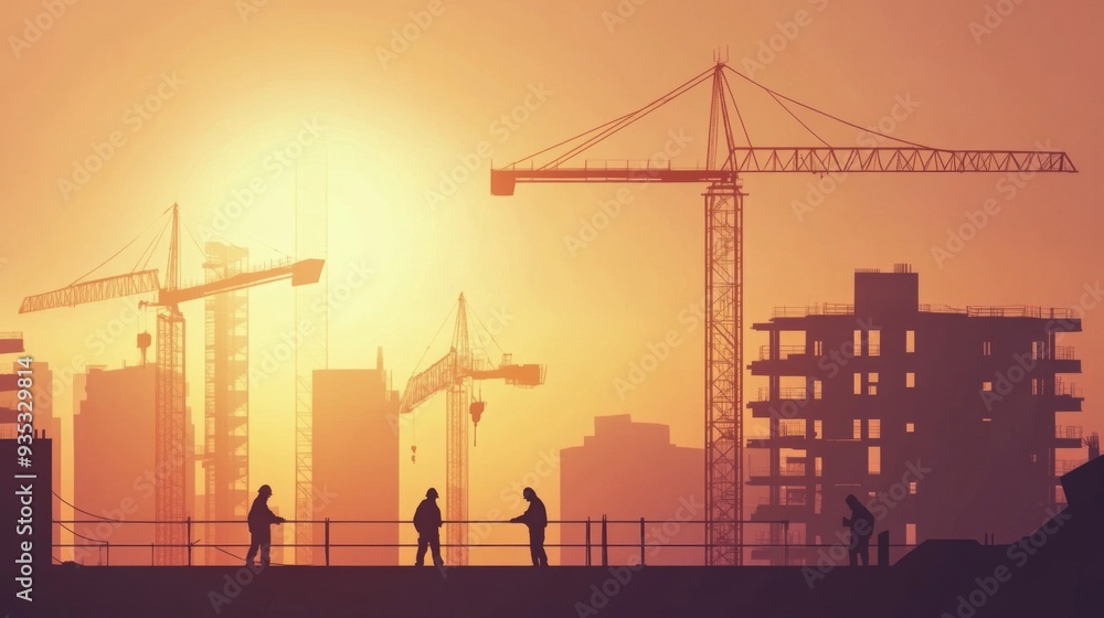 Poster engineer workers on background of construction cranes on background.