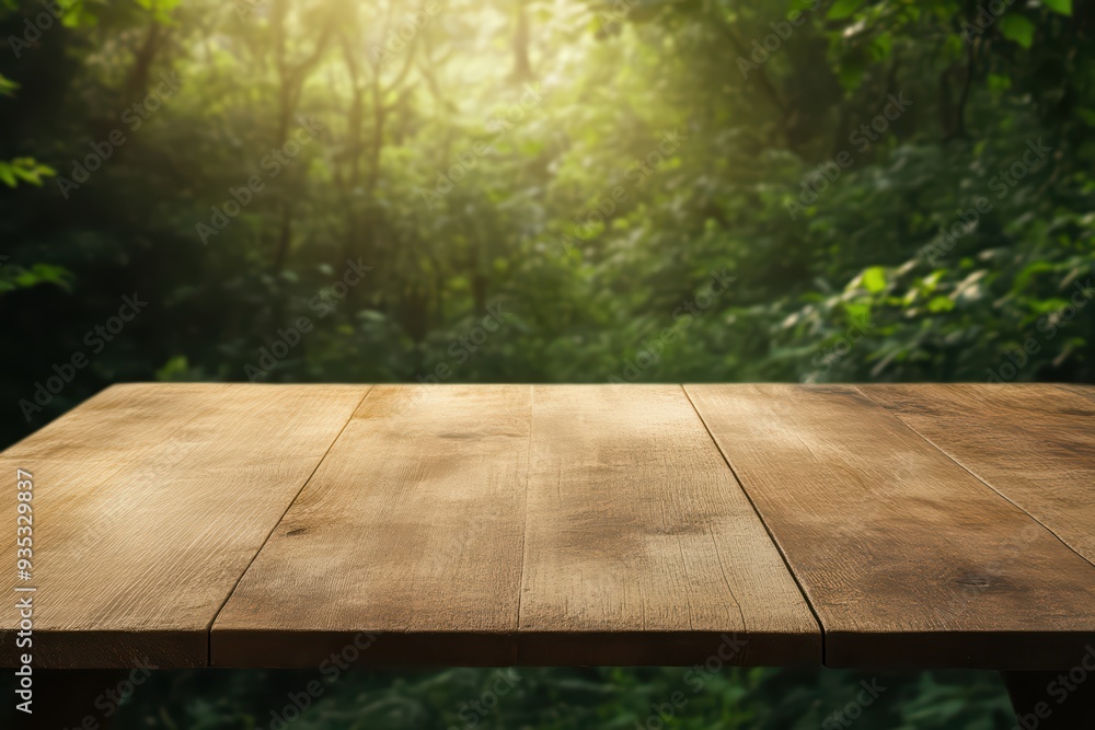 Poster a rustic wooden table set against a serene forest backdrop, illuminated by soft sunlight filtering t
