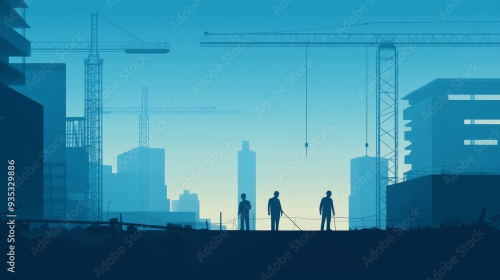 Poster engineer workers on background of construction cranes on background.
