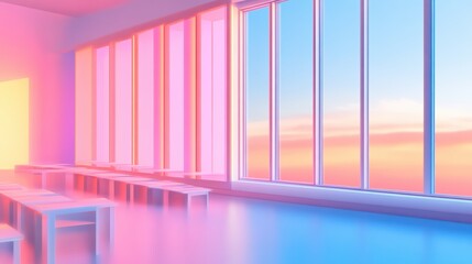 Naklejka premium A serene room bathed in soft pastel colors with large windows, showcasing a beautiful sunset view, perfect for peaceful reflections.