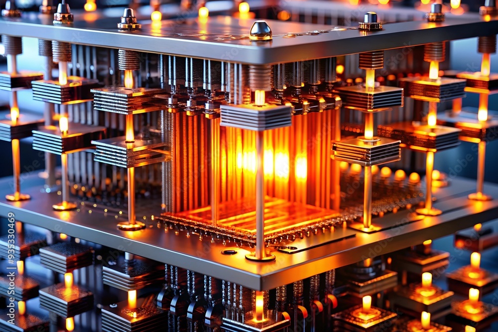 Poster quantum computing power: a close-up of a powerful quantum computer, showcasing the intricate circuit