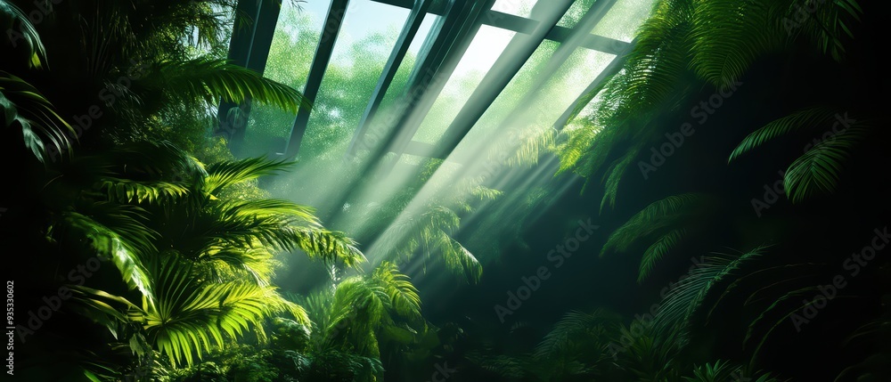 Poster a serene view of lush greenery illuminated by soft sunlight, creating a tranquil atmosphere in a den