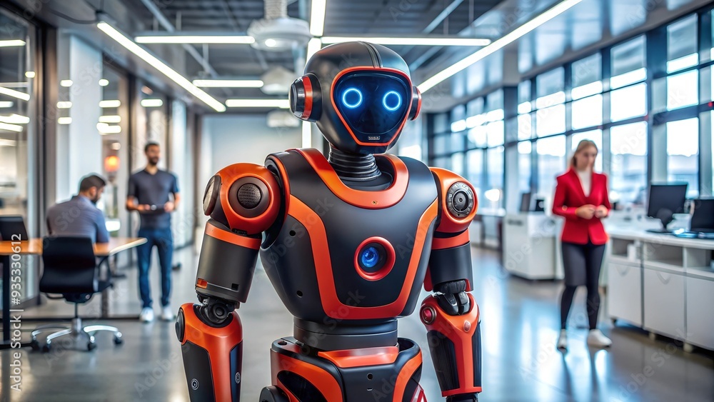 Poster the future is here: a humanoid robot stands tall in a modern office setting, its advanced design and