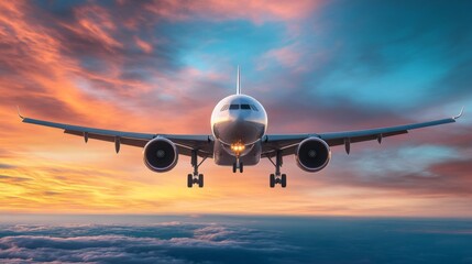 Obraz premium Evening flight of a passenger airplane on a background of beautiful sky